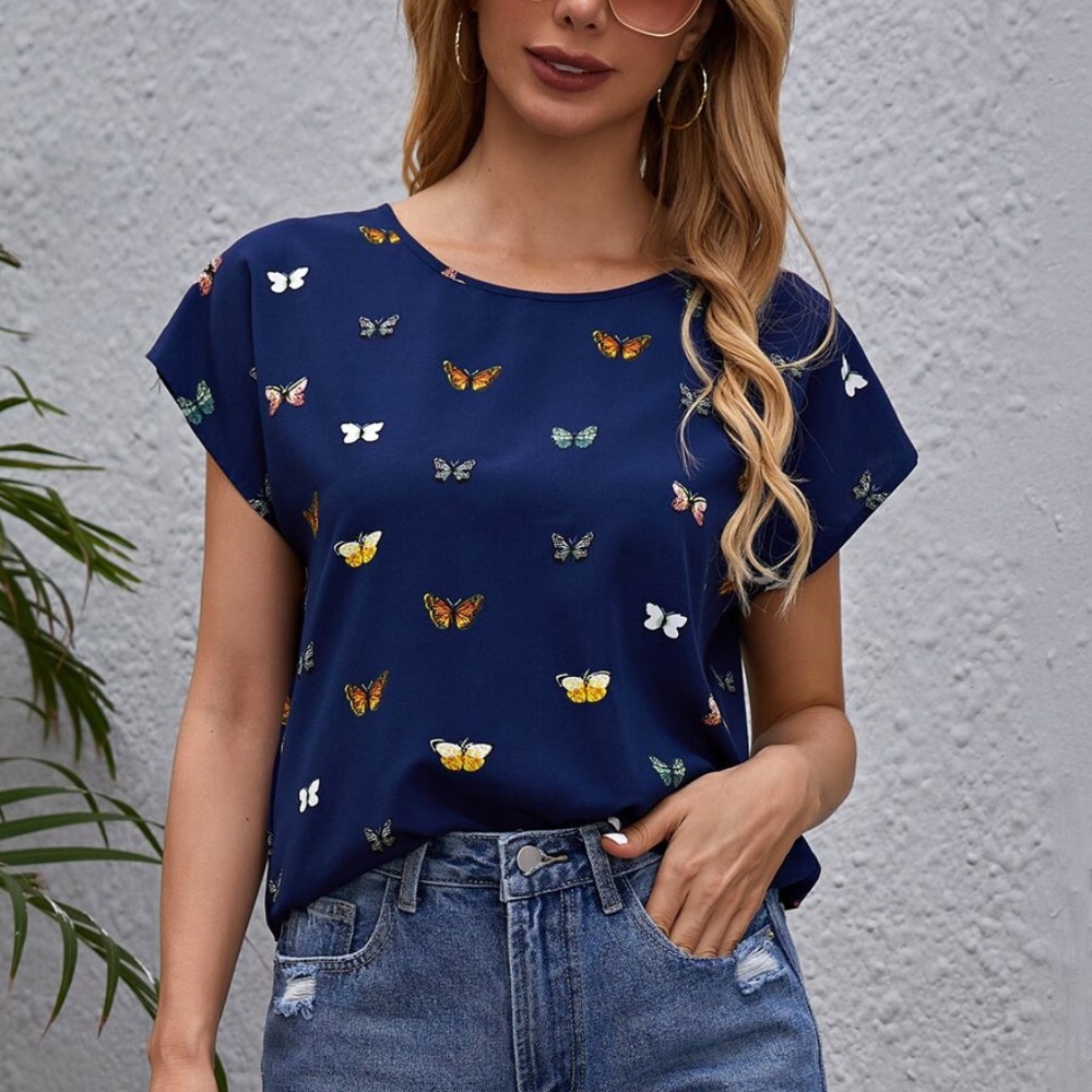 BellanBlue Navy Butterfly Print Blouse